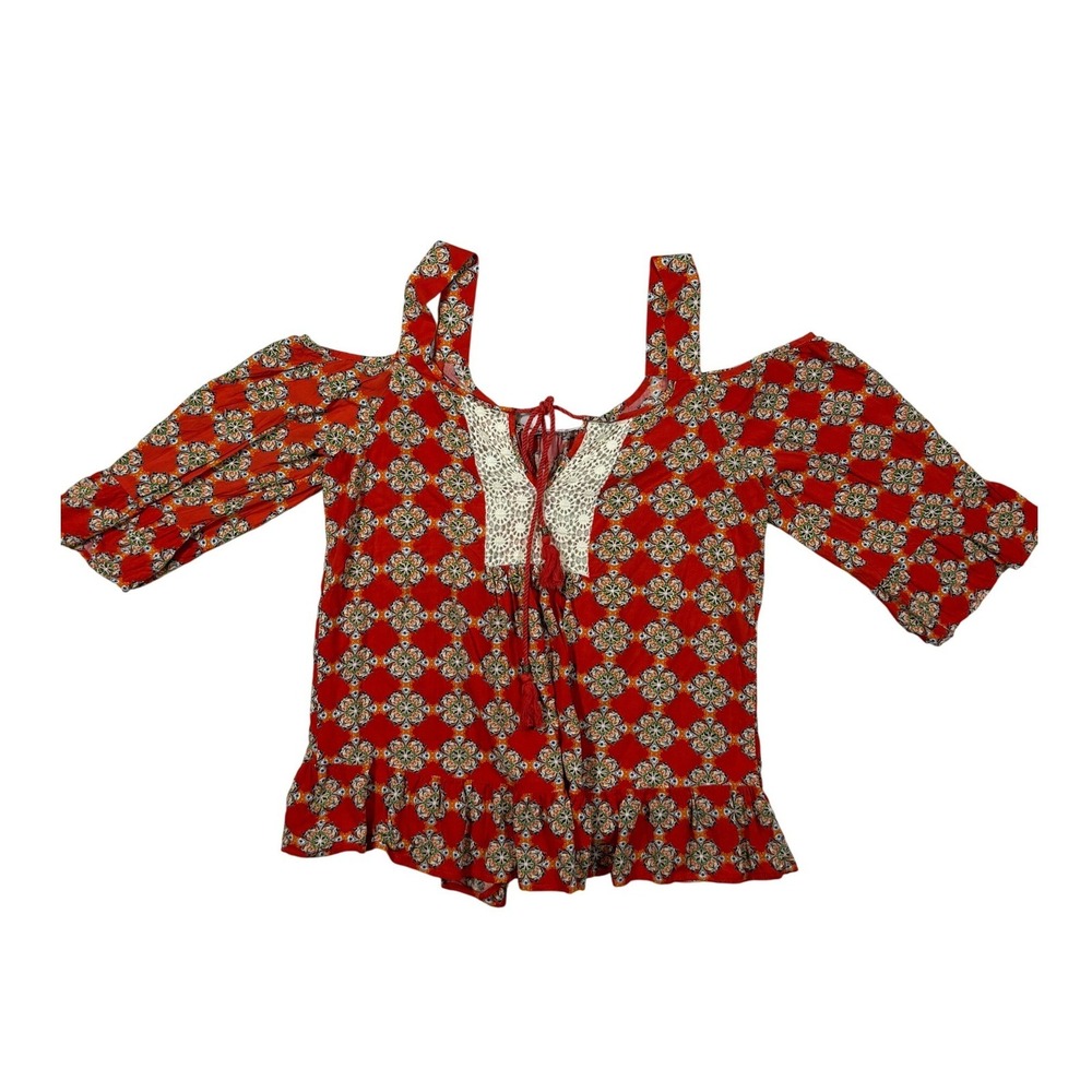 DR2 Cold Shoulder Top‎ Women Small Red Boho Medallion Lace Tassel Peplum Blouse
